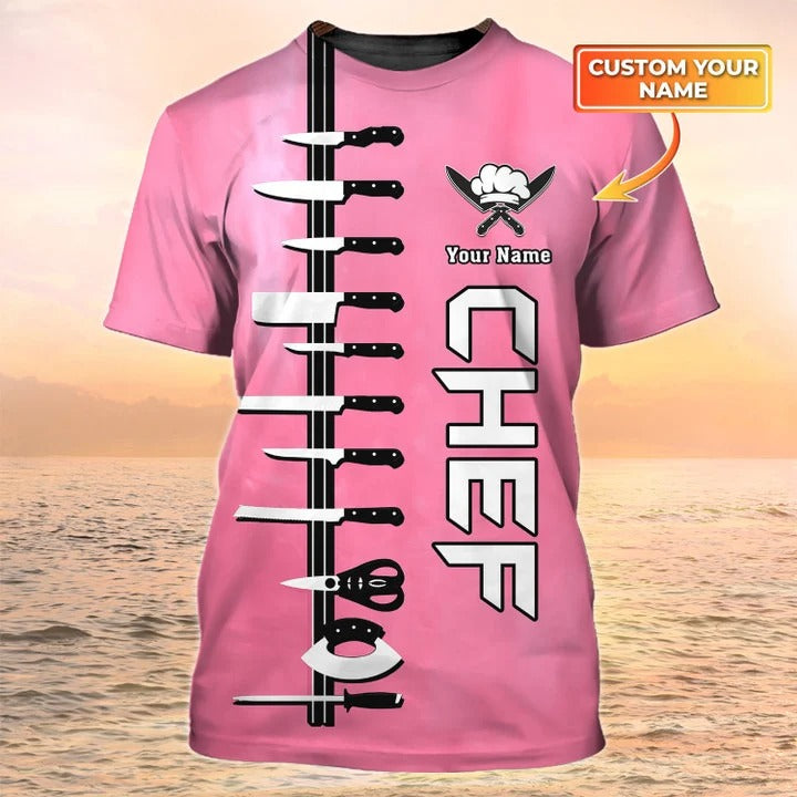 Custom Name Chef T Shirt, 3D All Over Print Chef Knives Pink Shirt