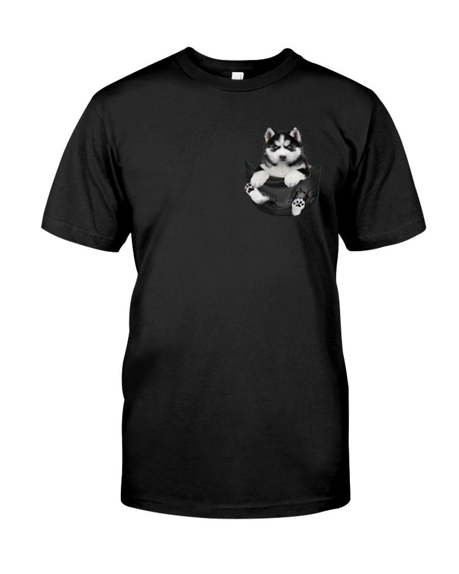 Cute Lovely Funny Black Husky Puppy In Pocket Tshirt Gift For Husky Lovers Dog Lovers Tshirt