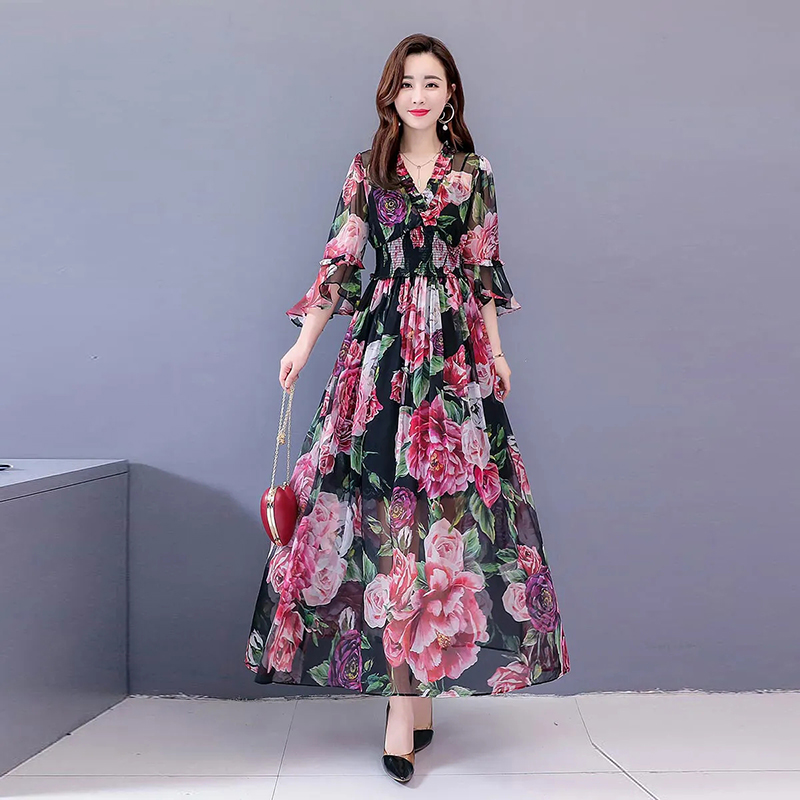 Bohemian Printing Ruffles Chiffon floral Dress women Fashion elegant party Dress Ladies summer short sleeve slim Beach Dresses alx