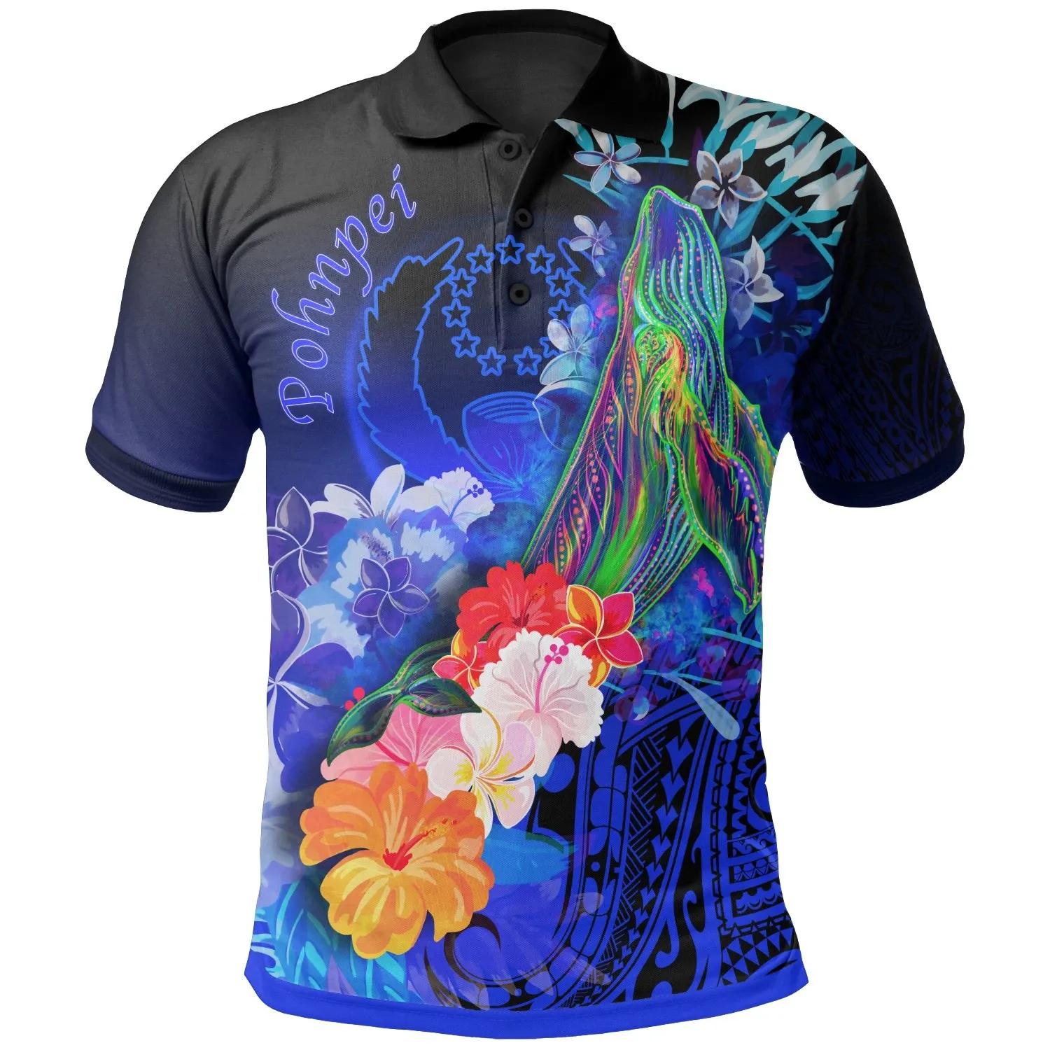 Pohnpei Polo Shirt – Humpback Whale With Tropical Flowers (Blue)- Bn18