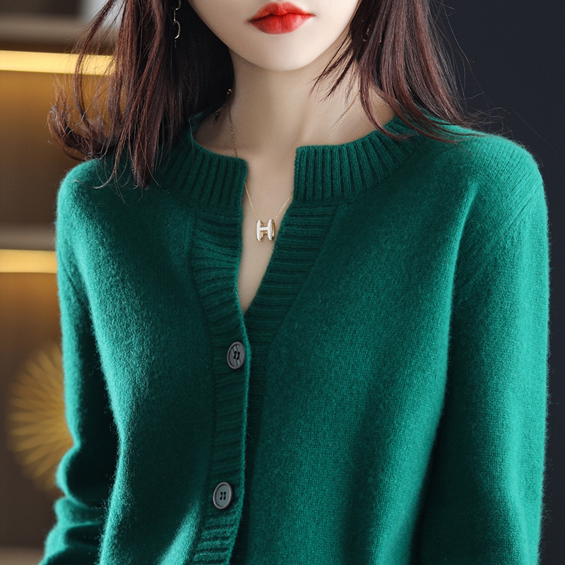 Autumn/Winter Knitted Pure Wool Cardigan Ladies Round Neck Single Breasted Loose Sweater Casual Top alx