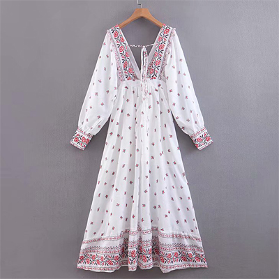 Boho Floral Printed Maxi Dress Women 2020 Spring Long Sleeves Palace Cotton Blend Lace-up Backless Deep V-neck Sexy Dresses Long alx