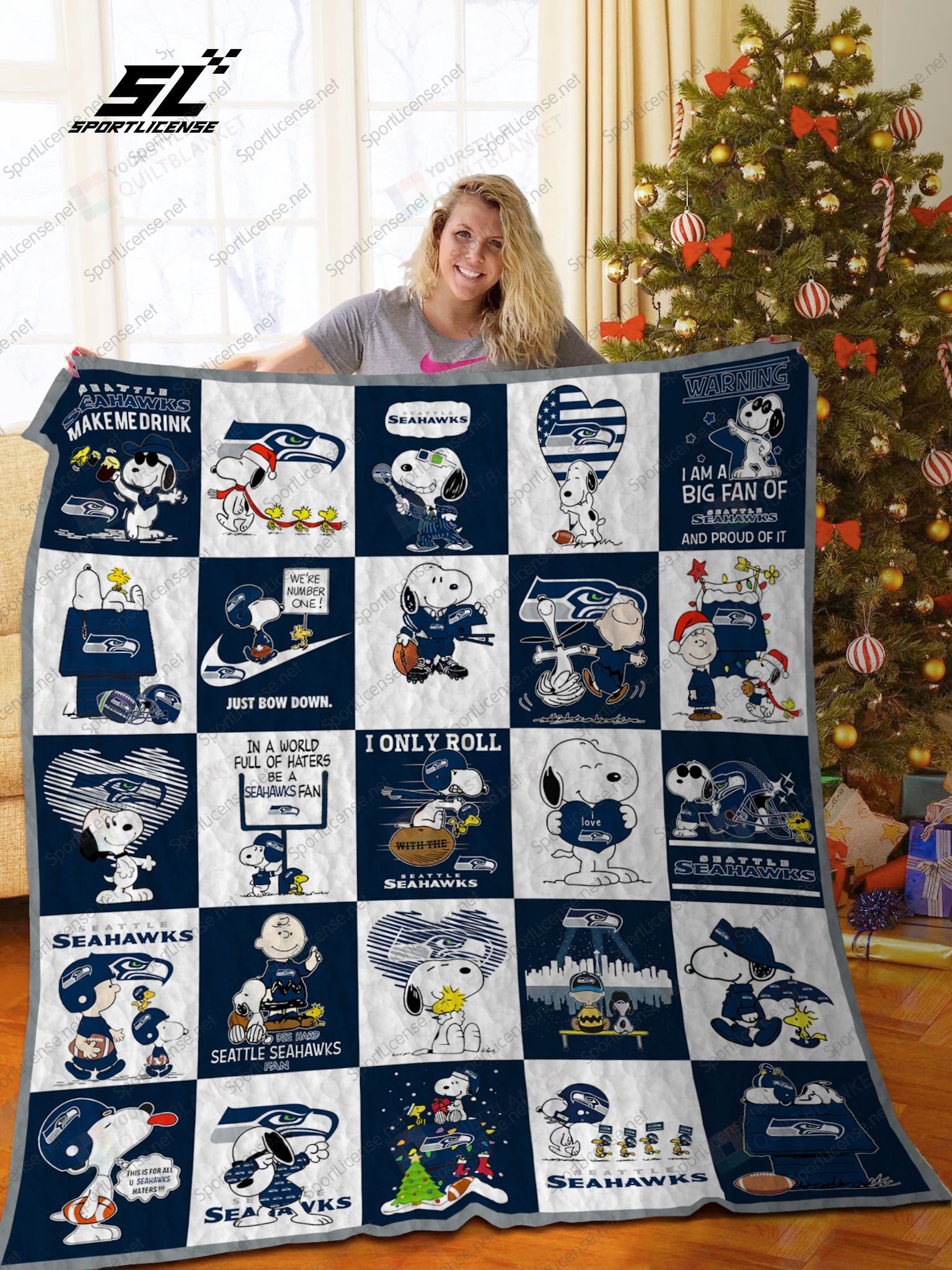 Bl  Seattle Seahawks+Snoopy Quilt Blanket