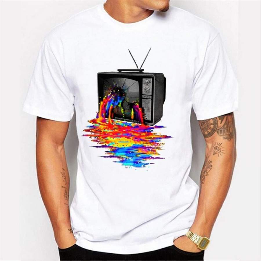 Fashion Pixel Overload Design Summer Men Tops Tv Set Vintage Printed Short Sleeve T-Shirt