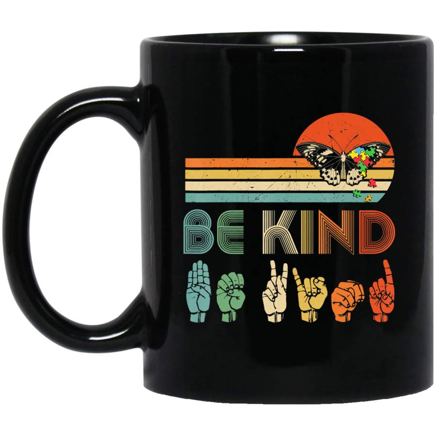 Be Kind Gift for Men Women Kindness Butterfly VIntage 11oz 15oz Black Mug Idea 2nd April Puzzle Ribbon Support Autism Dad Mom Kids Autistic