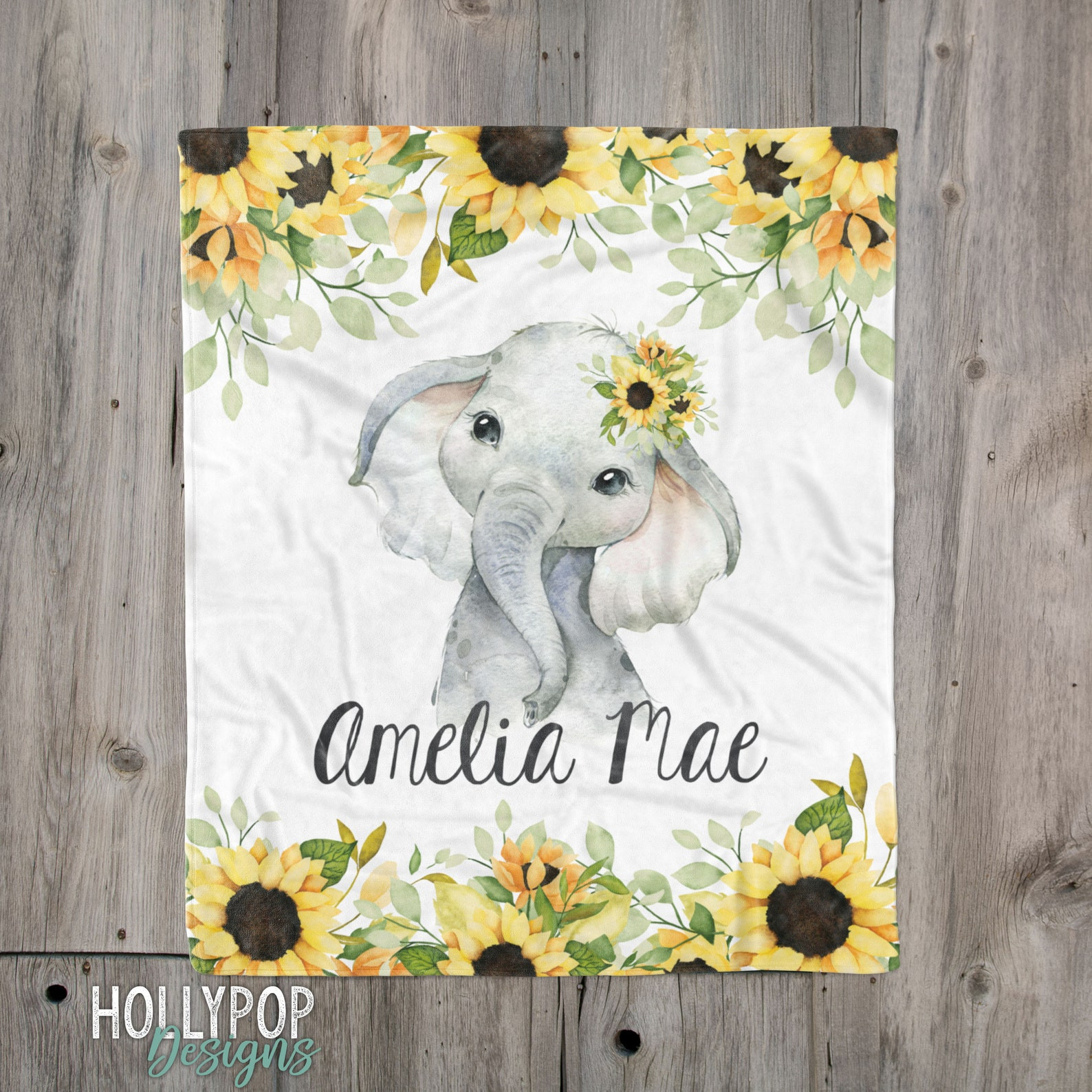 Baby Girl Sunflower Blanket, Personalized Baby Name, Sunflower Elephant Blanket, Girl Baby Blanket, Floral Elephant, Custom Name Baby Gift