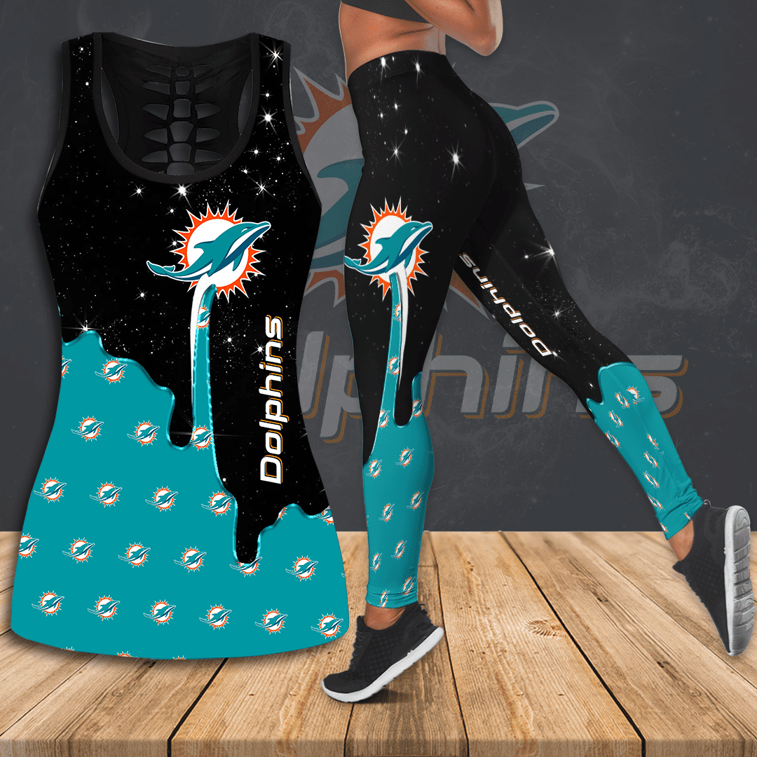 Miami Dolphins All Over Print 3D Hollow Galaxy Tank Top & Leggings – Black Turquoise