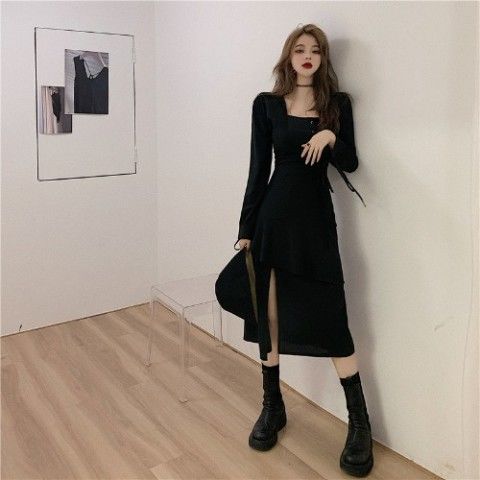 Black Dress Women Split Square-collar Long-sleeve Slim Drawstring Sexy Clubwear Vintage Fashion All-match Girls Vestidos Ulzzang alx