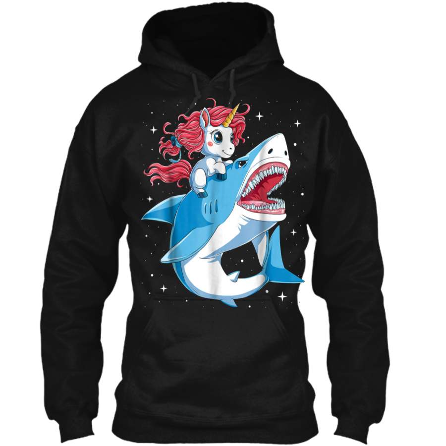 Unicorn Riding Shark Boys Kids Space Galaxy Gifts Pullover Hoodie 8 oz