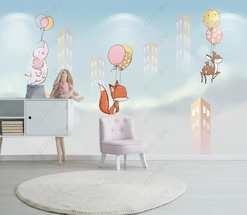 3D Hand-Painted Cartoon Animal Balloon Wall Mural Wallpaper Sww3203