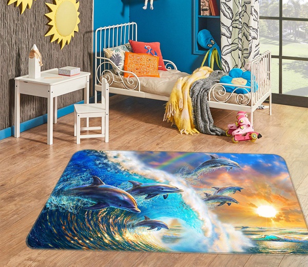 3D Dolphin Wave With Sunrise Area Rug Home Decor