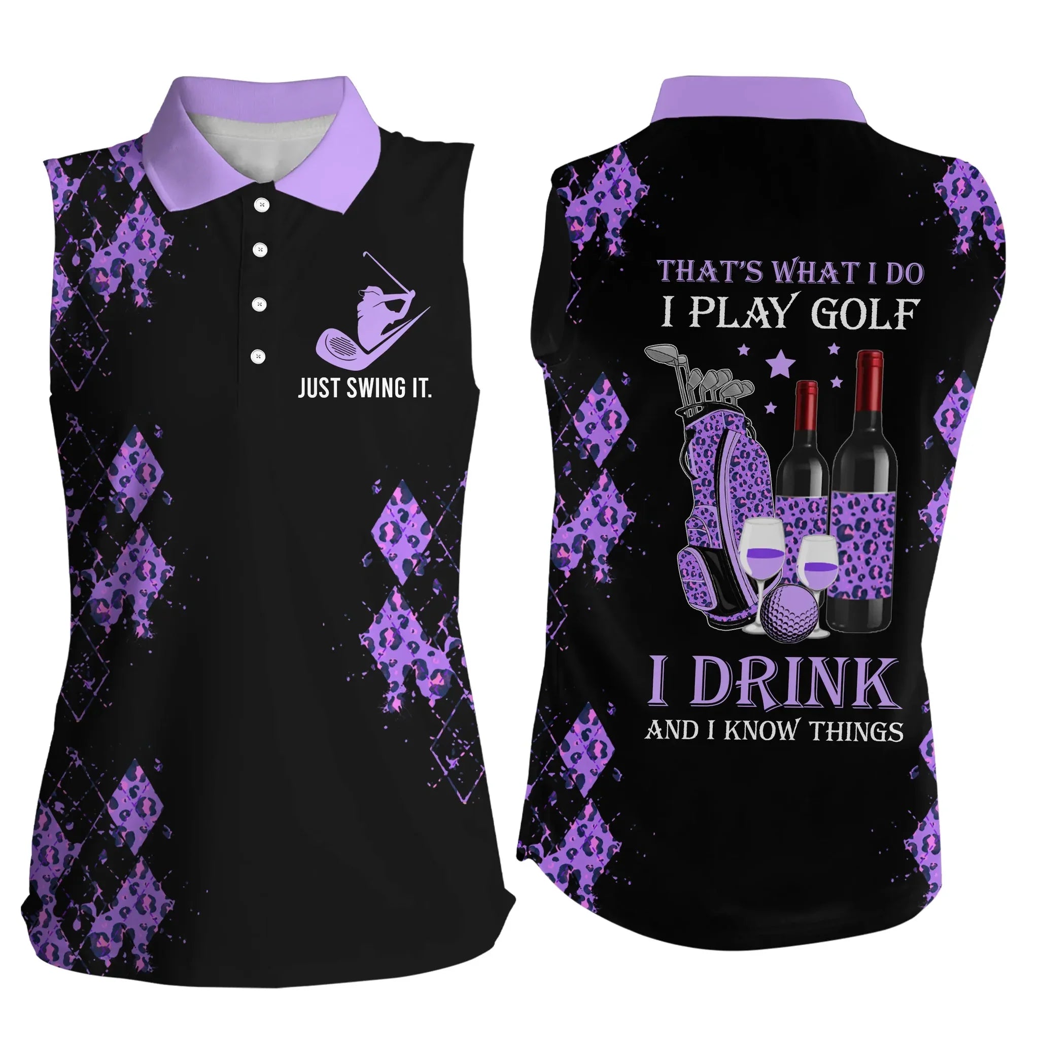 Black Purple Leopard Women Sleeveless Polo Shirt Funny Golf Wine That’S What I Do, I Play Golf Drink