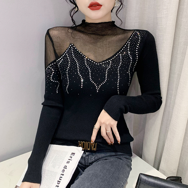 Women mock neck pullovers sweater sexy hot drilling mesh hollow out sweaters winter women bottoming knit shirt tight knitwear alx