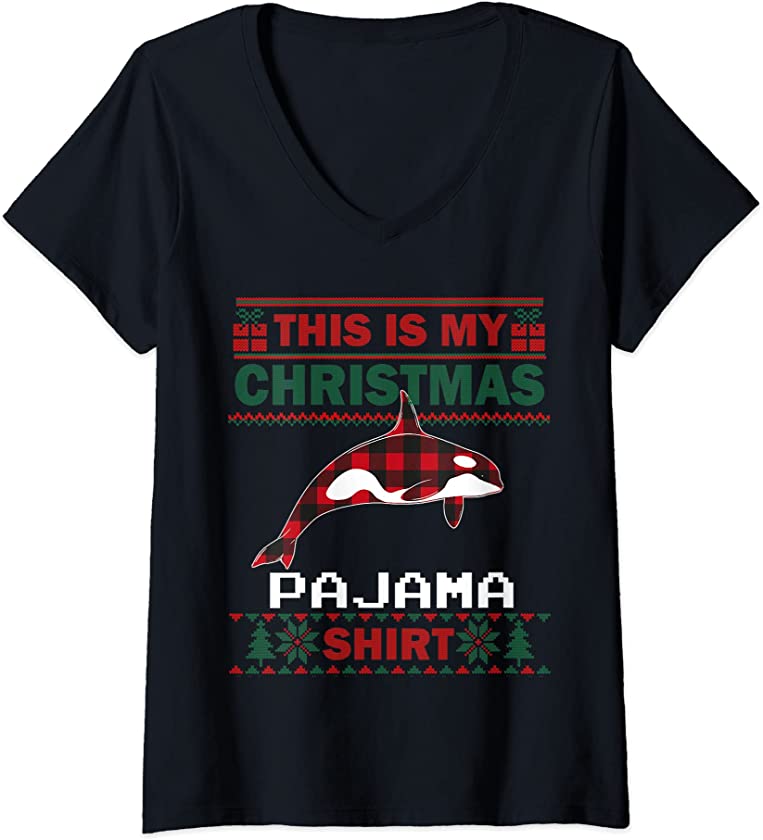 Womens Orcas Lovers Christmas Pajama Orca Ugly Christmas Sweater V-Neck T-Shirt