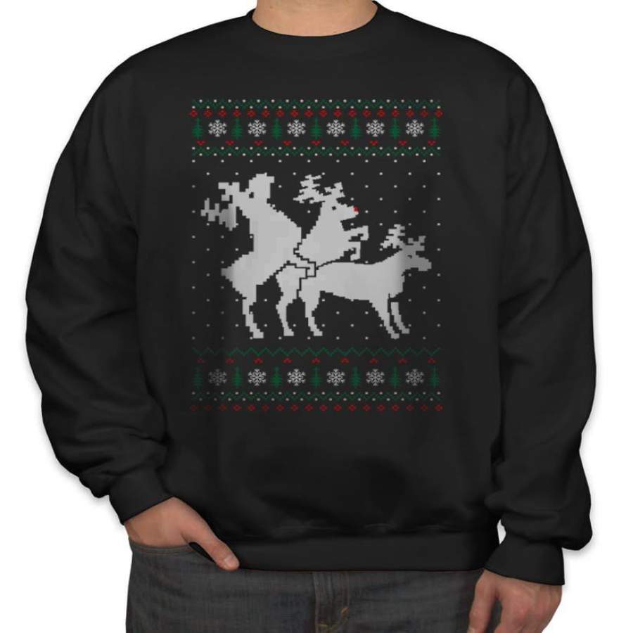 Threesome Humping Reindeer Ugly Sweater Christmas Unisex Crewneck Sweatshirt Adult