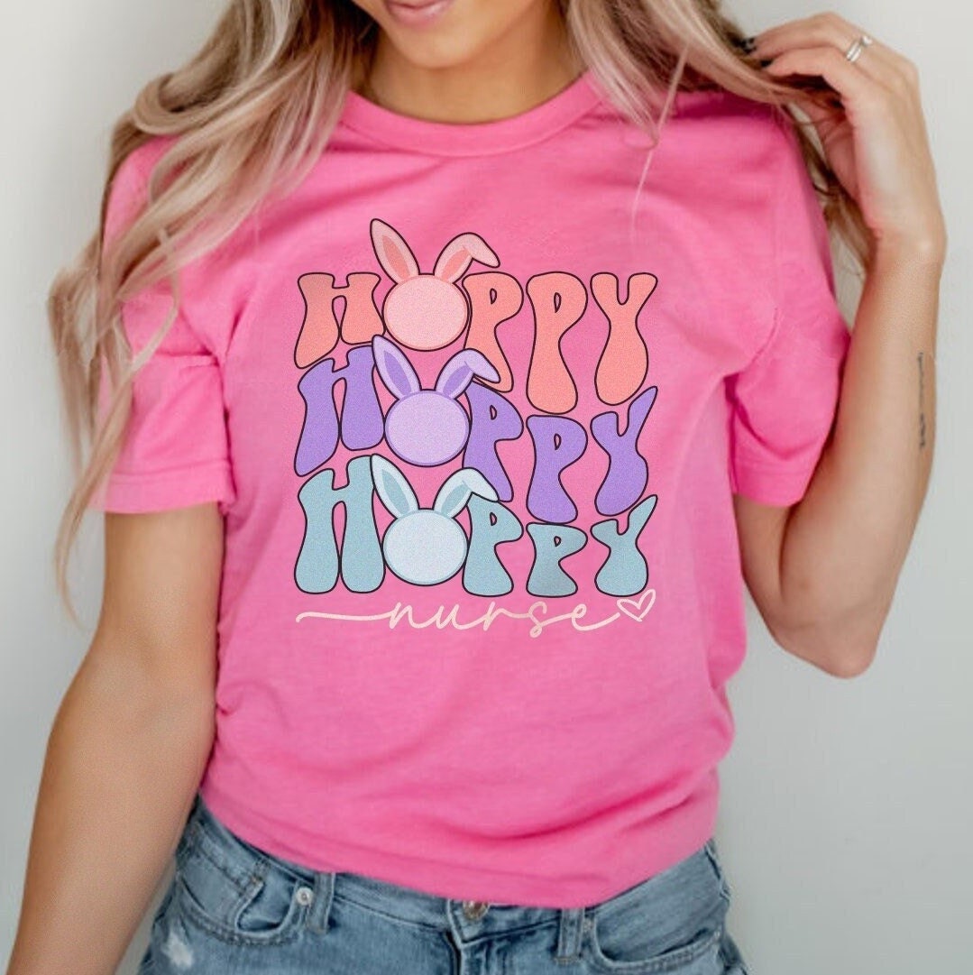 Retro Nurse Easter Shirt – Hoppy Nurse Rn Easter TShirt – Cute Groovy Bunny Spring T-Shirt, School Nurse Tee, Pediatric Peds Picu Nicu Gift