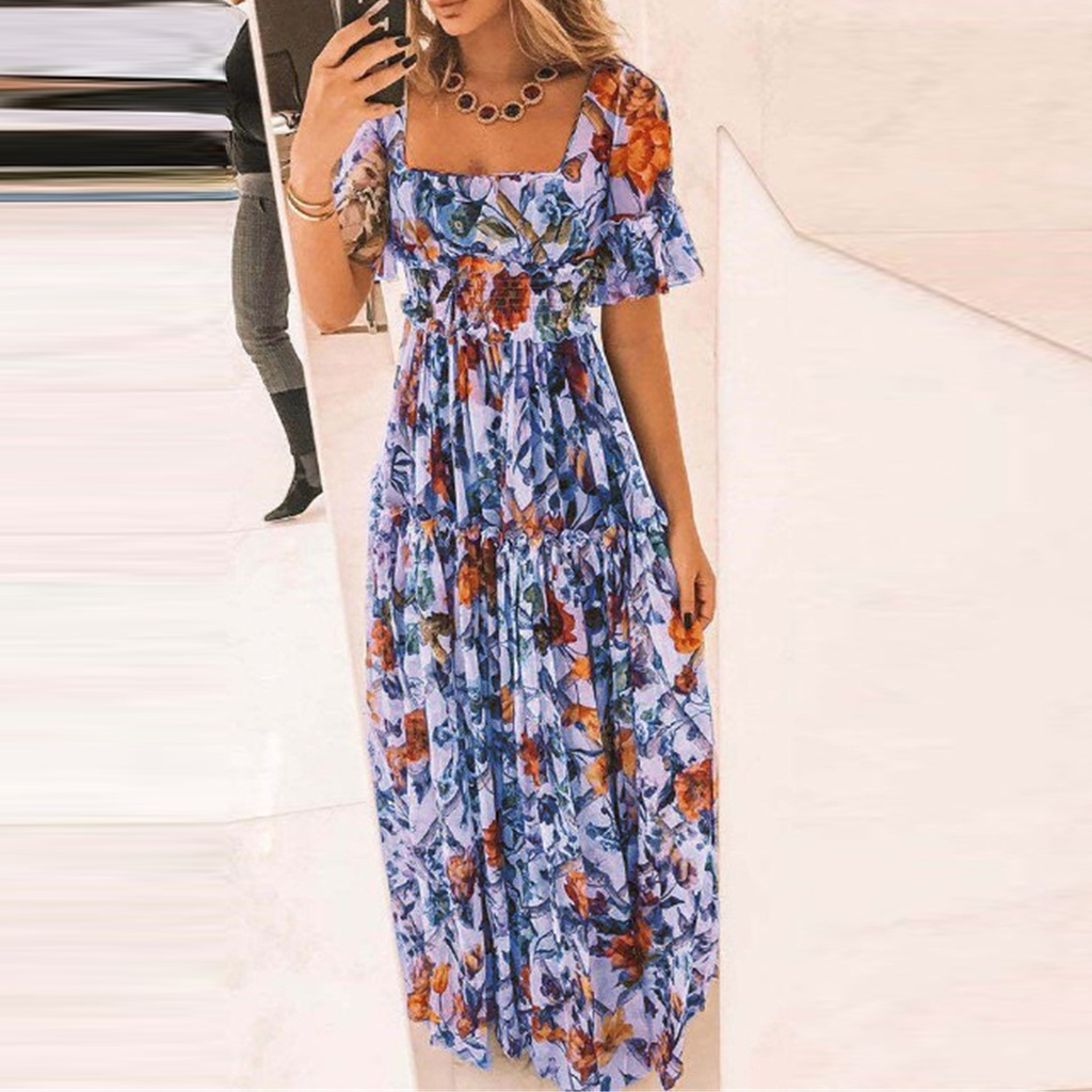 Summer Beach Dress Women Casual Short Sleeve Square Collar Elastic Waist High Waist Bohemian Floral Print Maxi Dress 2021 alx