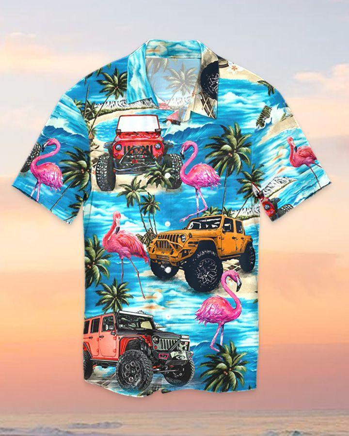 Aloha Jeep And Flamingo Blue Tropical Beach Unisex Hawaiian Shirts