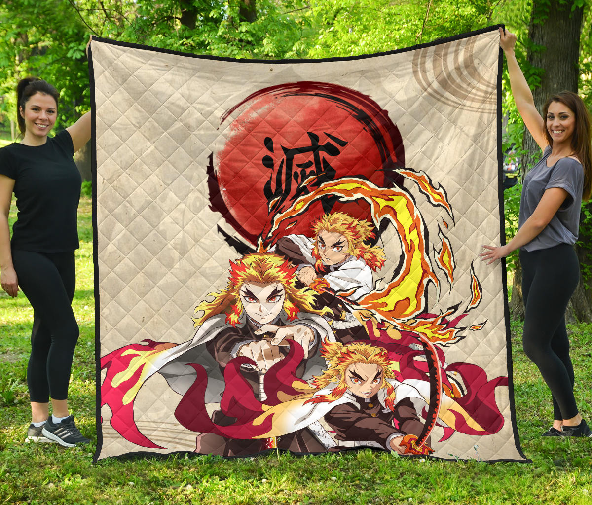 Demon Slayer Anime Rengoku Fire Breath Power Red Sun Premium Quilt Blanket