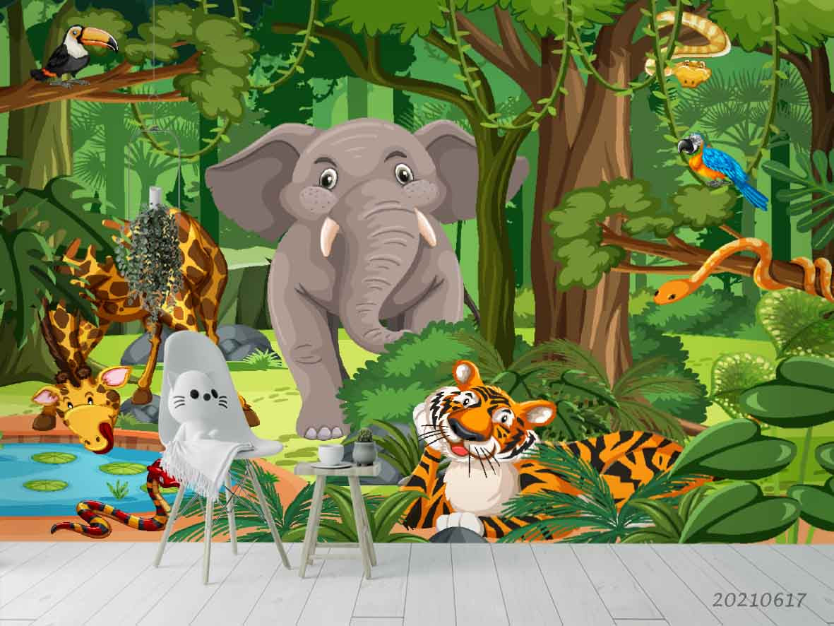 3D Cartoon Green Forest Animal Elephant Giraffe Wall Mural Wallpaper Lqh 4