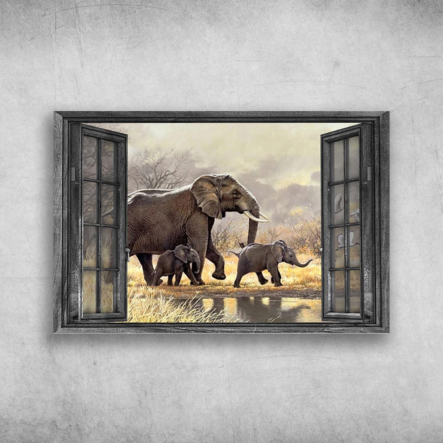 The Elephant In The Out Door Poster Print, Canvas Print, Canvas Wall Art, Canvas And Poster Wall Decor