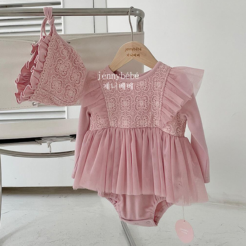 Adorable Baby Romper Spring Fall Cotton Lace Mesh Tutu Dress for Toddler Girl Costumes Infant Baby Jumpsuit Children Outfits+Cap alx