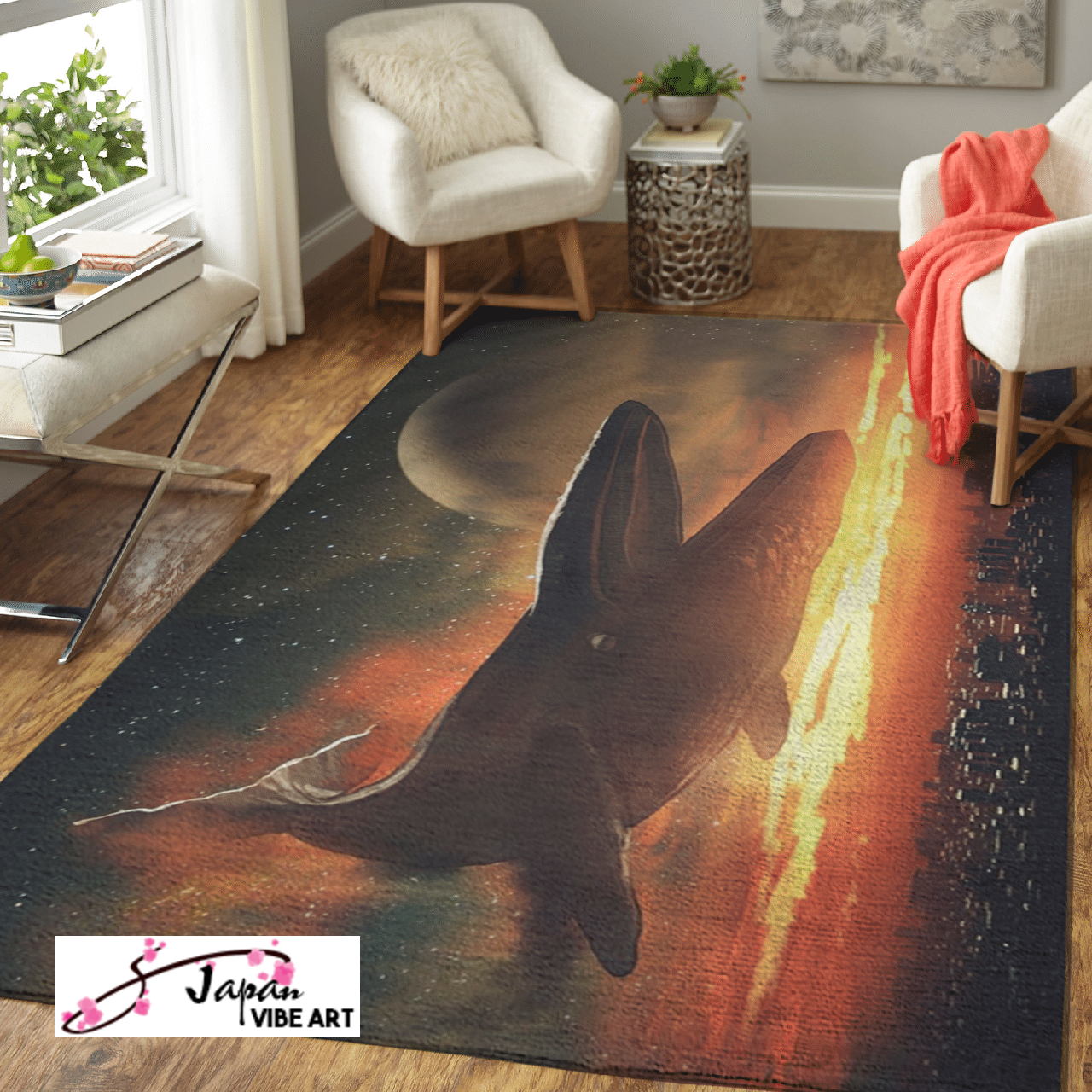 Area Rug 1037 Japanese Anime fantasy scenery of a giant whale flying above city against sunset sky