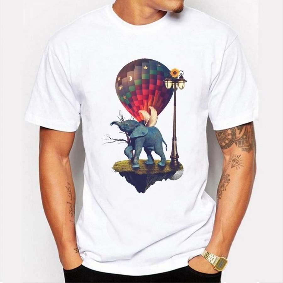 2017 Summer  Newest Fashion Men T-Shirt Personality Cute Elephant Balloon Printing O-Neck T Shirt Novelty Hipster Tops Tees