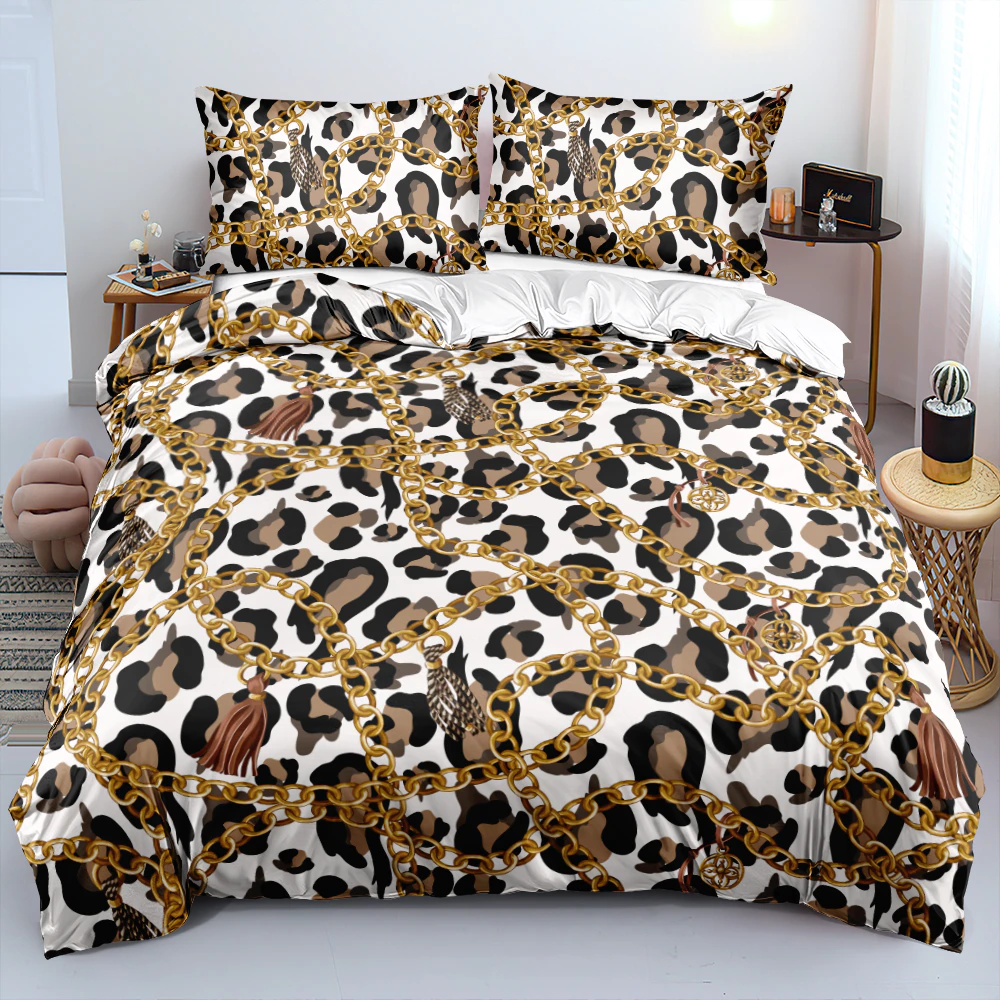 Brilliant 3D Luxury Bedding Set Golden Line Full Queen King Size Duvet Cover Pillow Shams Baroque Leopard Print Bed Linen