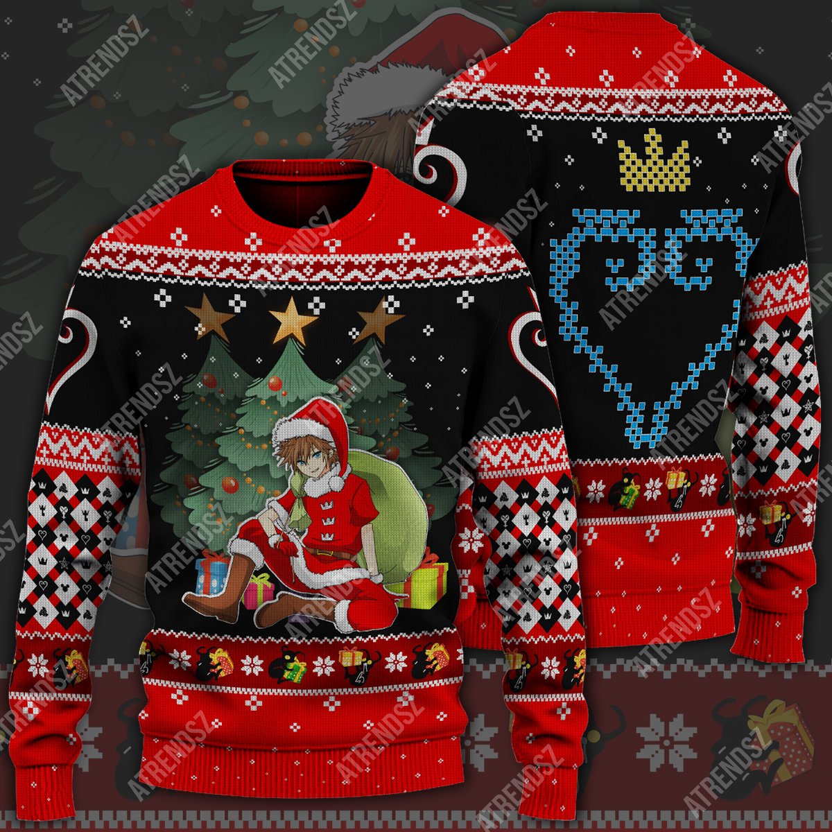 Unifinz Kingdom Hearts Ugly Sweater Sora Under The Christmas Tree Black Red Sweater 2022