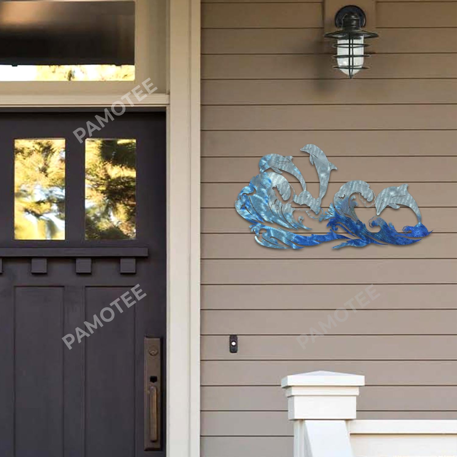 Dolphins And Waves Colored Metal Sign, Beach House Evergreen Steel Art