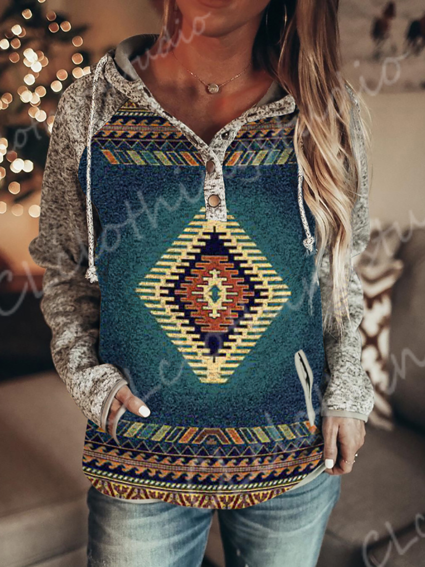 Women’s Vintage Boho Print Hoodie Sweatshirt Fall/Winter 2022 Long Sleeve Button Drawstring Casual Loose Hoodie Pullover alx