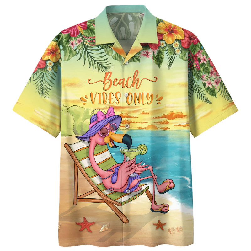 Flamingo Beach Vibes Only Print Short Sleeve Hawaii Casual Shirt Ha63616