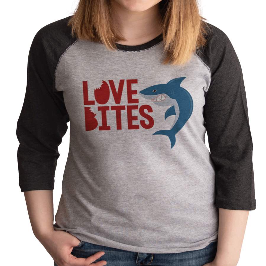 7 ate 9 Apparel Women’s Love Bites Shark Valentine’s Day Grey Raglan Shirt