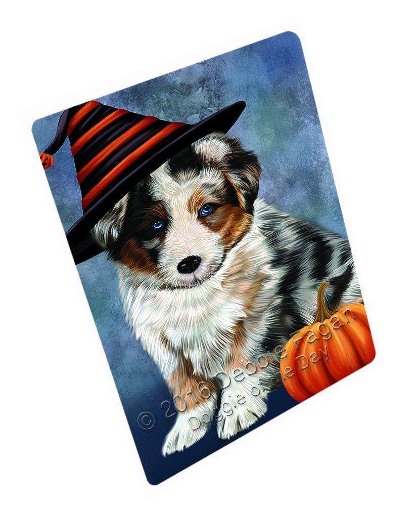 Happy Halloween Australian Shepherd Dog Wearing Witch Hat With Pumpkin Art Portrait Print Woven Throw Sherpa Plush Fleece Blanket