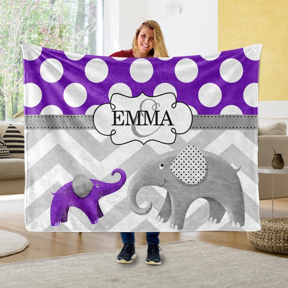 Purple Elephant Gift For Kids Custom Text Name Fleece Blanket