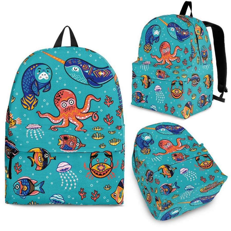 Manatee Whale Fish Octopus Pattern Print Backpack