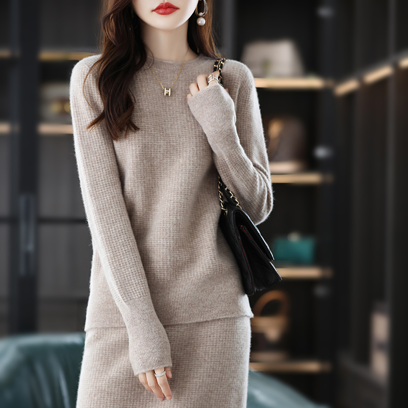 2022 new autumn and winter ladies round neck loose cashmere sweater long sleeve knitted fashion sexy skirt 100% pure wool suit alx