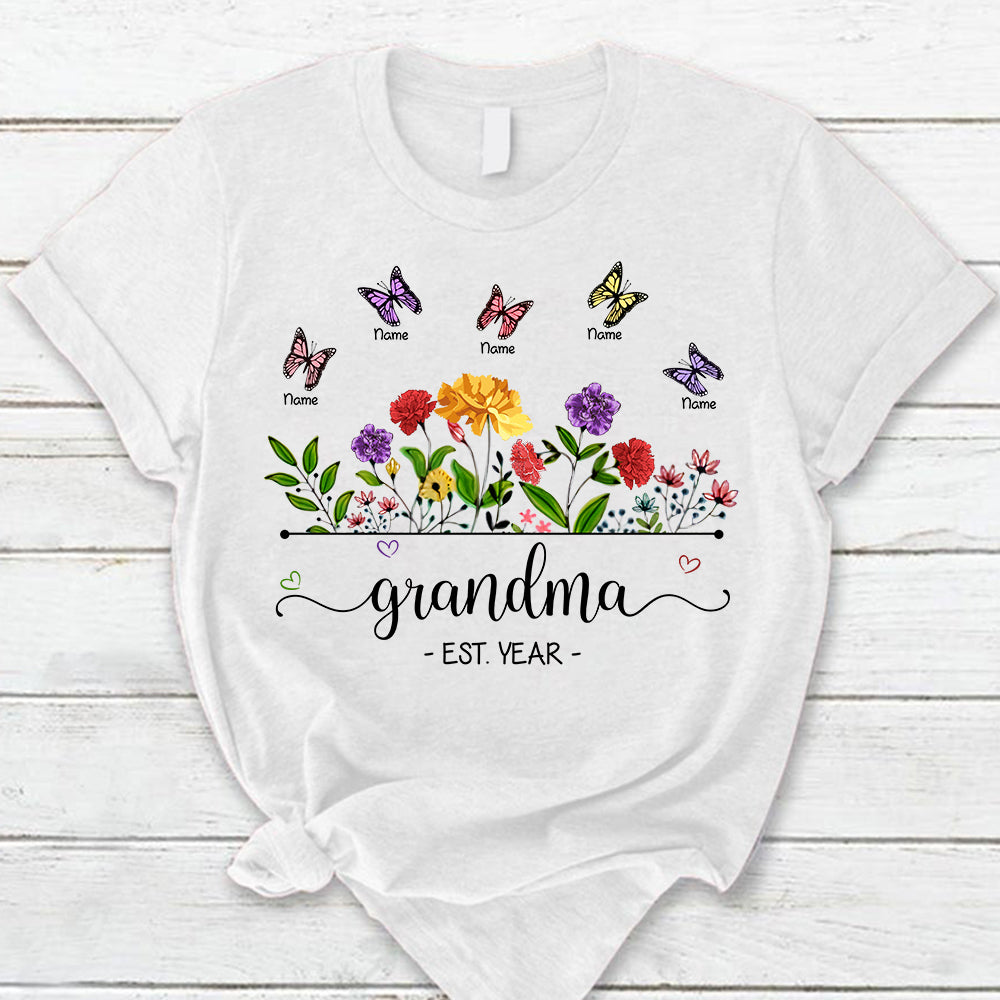 Personalized Grandma Est. Year Carnation Garden With Butterflies Shirt For Grandma Hn98 Do99