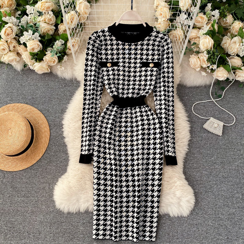 SINGREINY Plaid Knit Women Maxi Dress O Neck Button Long Sleeve Slim Elegant Harajuku Ladies Split Winter Long Sweater Dresses alx