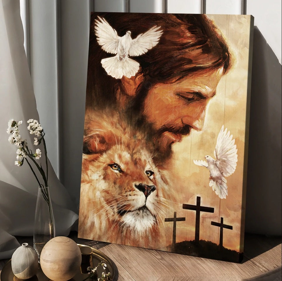 Watercolor Jesus Painting Lion Drawing Dove – Matte Canvas