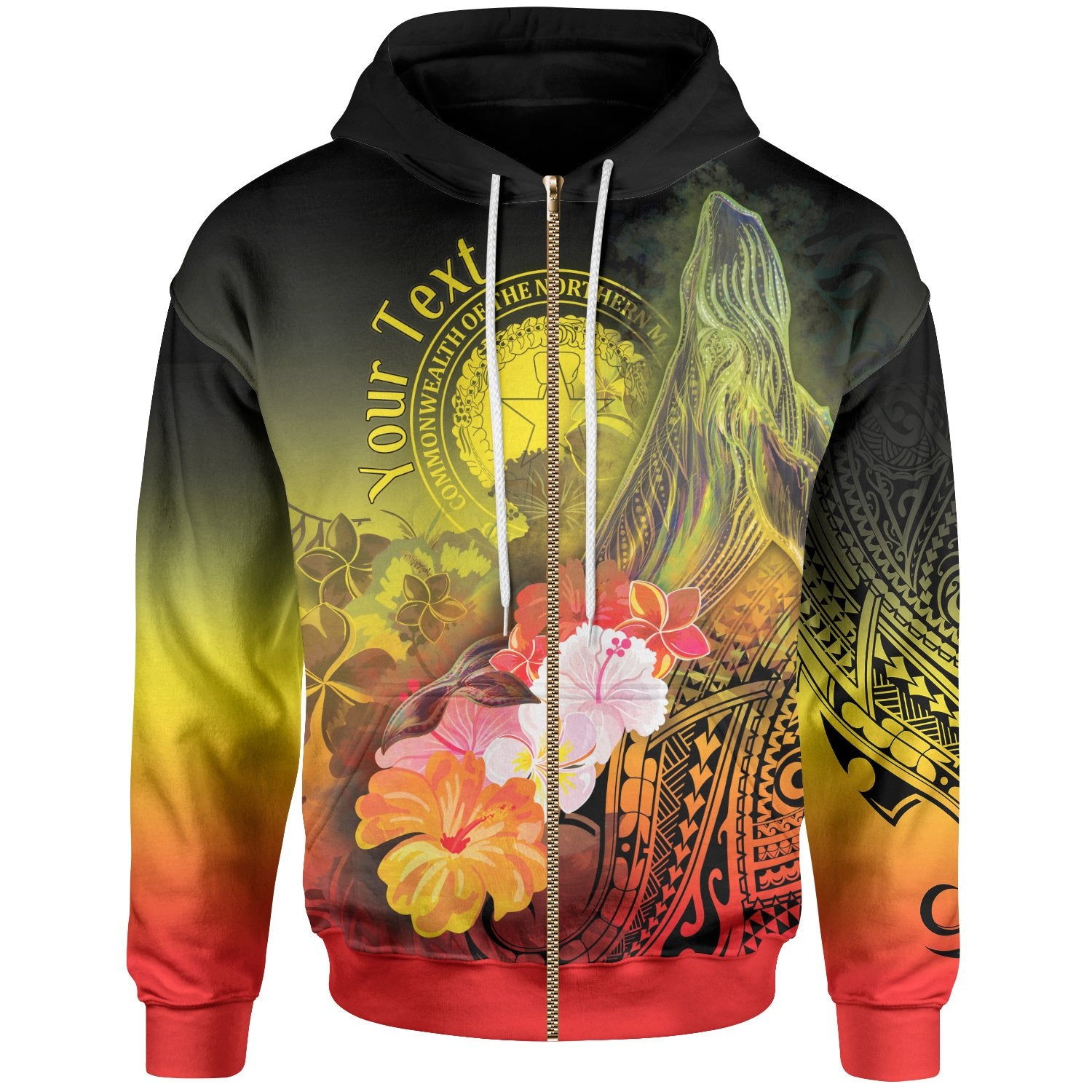 Cnmi Custom Personalised  Zip-Up Hoodie – Humpback Whale With Tropical Flowers (Yellow)