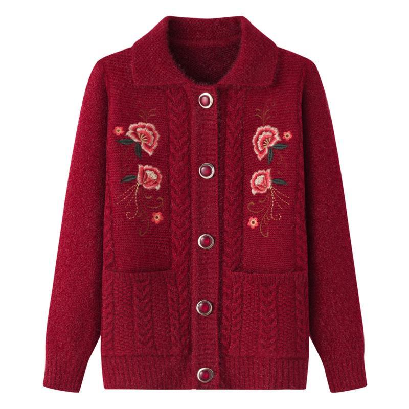 Autumn Winter Women Embroidered Knitting Cardigan Jacket Grandma Thick Turndown collar Loose Sweater Coat Single-breasted Tops alx