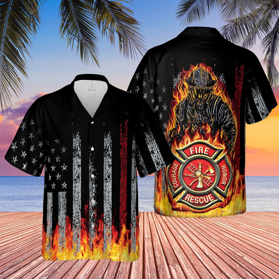 Black Flag American Firefighter Bagde Fired Hawaii Tshirt Ha61752