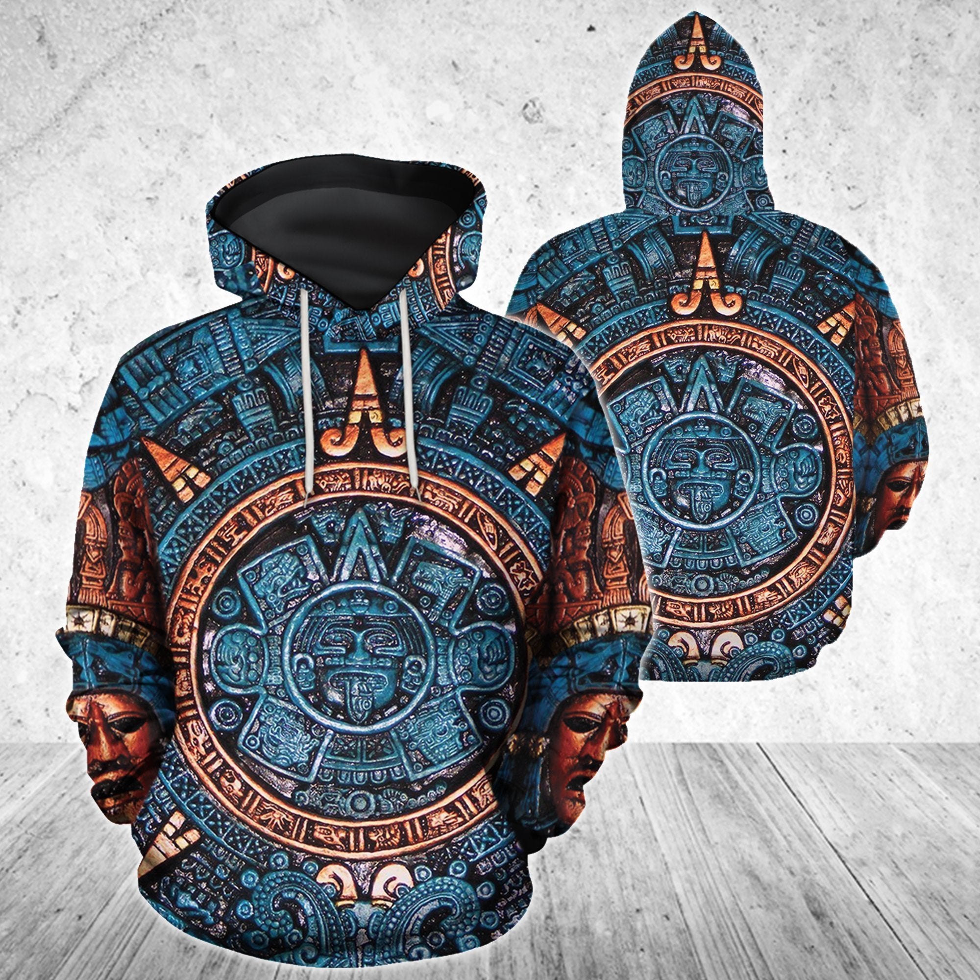 Aztec Mexican Art Calendar Copper Brown Blue Pattern Aztec All Over Printed Hoodie – Am Style Design