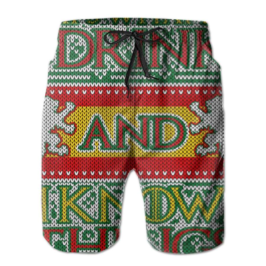 2 Pack GOT I Drink And I Know Things Ugly Christmas Poster Men Swim Trunks Drawstring Elastic Waist Quick Dry Beach Shorts with Mesh Lining Swimwear Bathing Suits