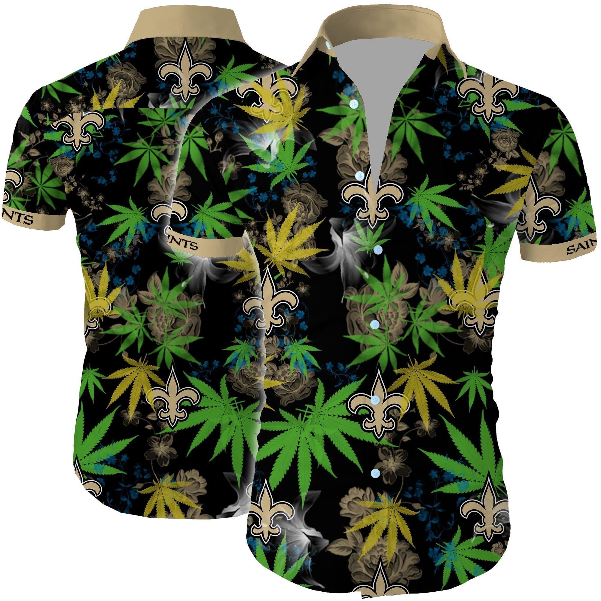 New Orleans Saints Cannabis All Over Printed Hawaiian Shirt White Men Women Beach Wear Short Sleeve Hawaii Shirt