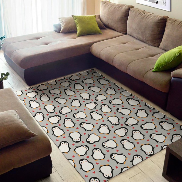 Red Heart And Penguin Pattern Print Area Rug