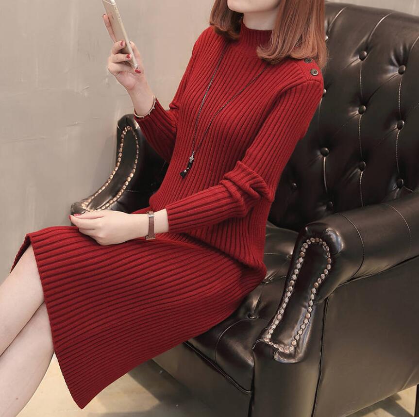 Thicken Women Sweater Dresses 2022 Autumn Winter Half High Collar Thin Knitted Female Long Sleeve Dresses Fashion Elegant Dress alx