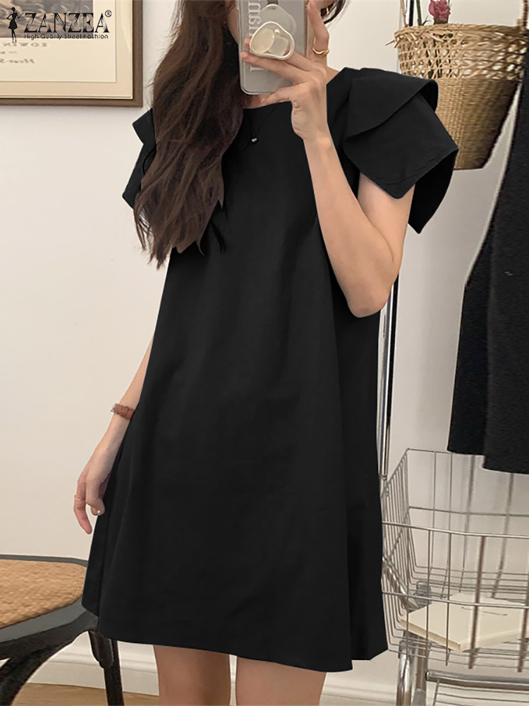 ZANZEA Summer Beach Dress Short Sleeve O-Neck Solid Color Dresses Women Knee Length Sundress Elegant Causal A-line Robe 2022 alx